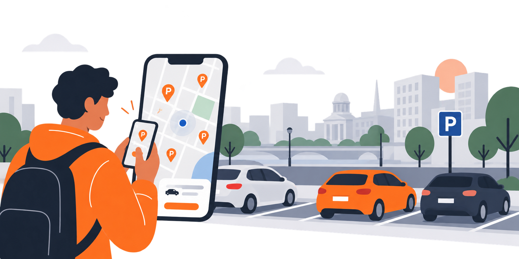 Flat vector illustration of a person using a smartphone parking app to find nearby parking spaces in a city.